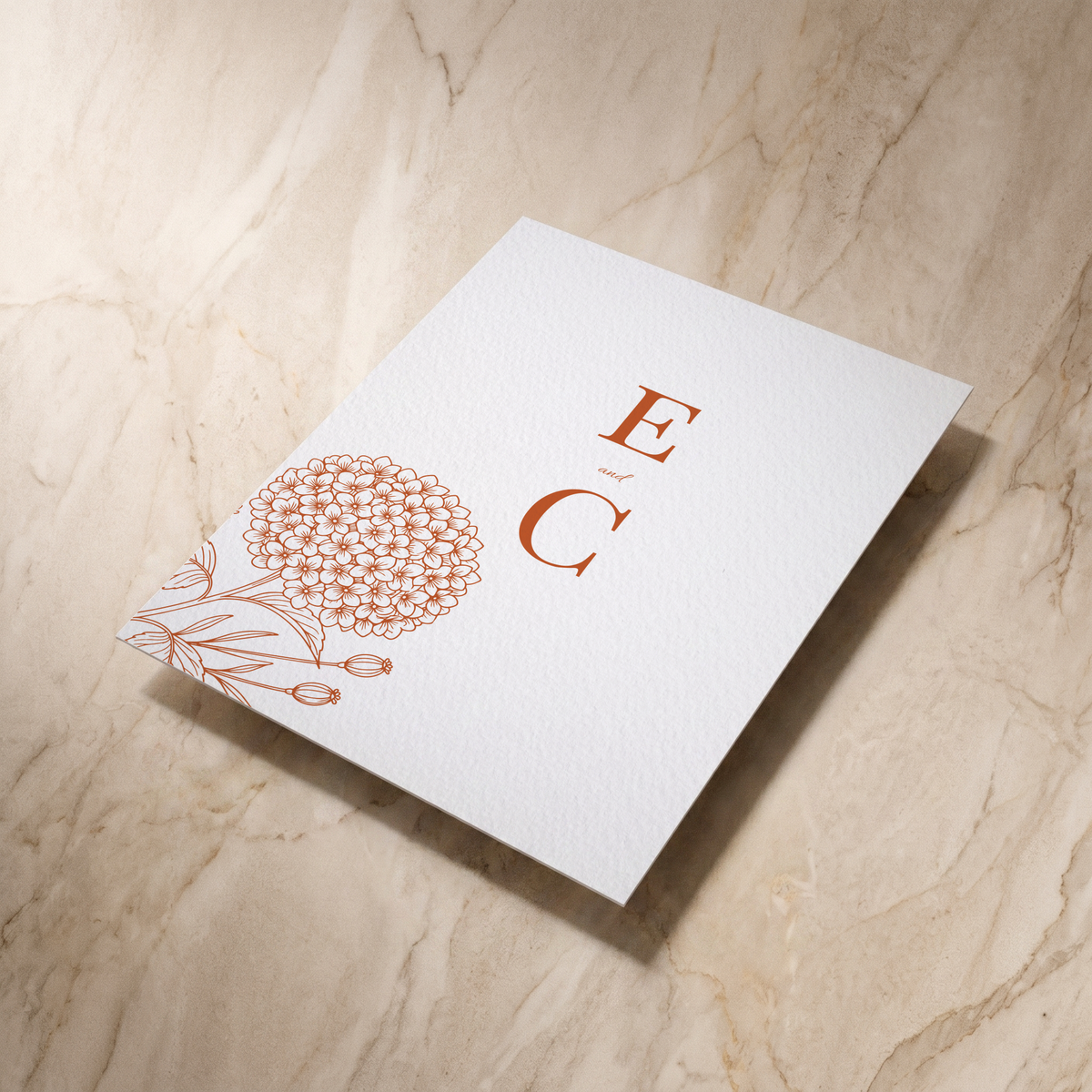 Hydrangea save the date card, reverse shown at an angle, designed and printed in Suffolk