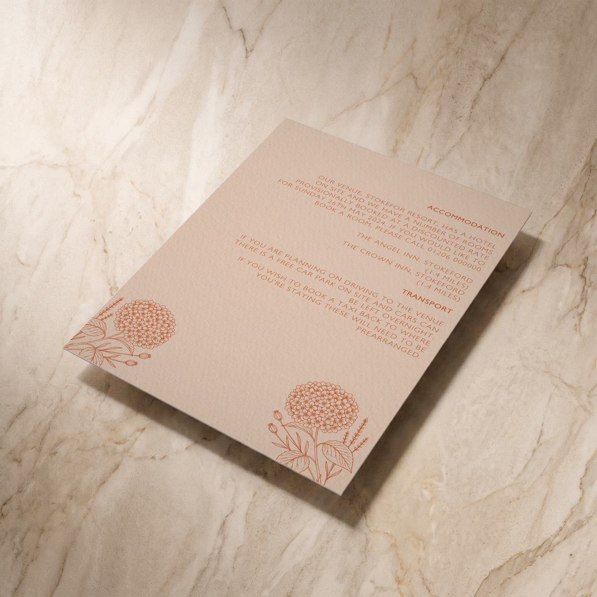 Hydrangea wedding details card, reverse shown at an angle, designed and printed in Suffolk