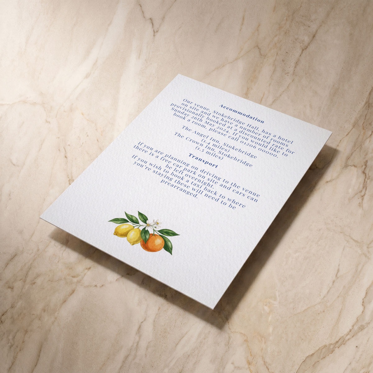 Amalfi wedding details card, reverse shown at an angle, designed and printed in Suffolk