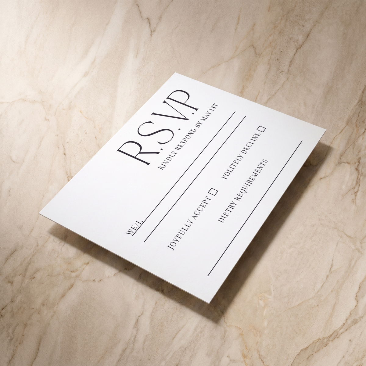 Typeface RSVP card in navy, shown at an angle, designed and printed in Suffolk