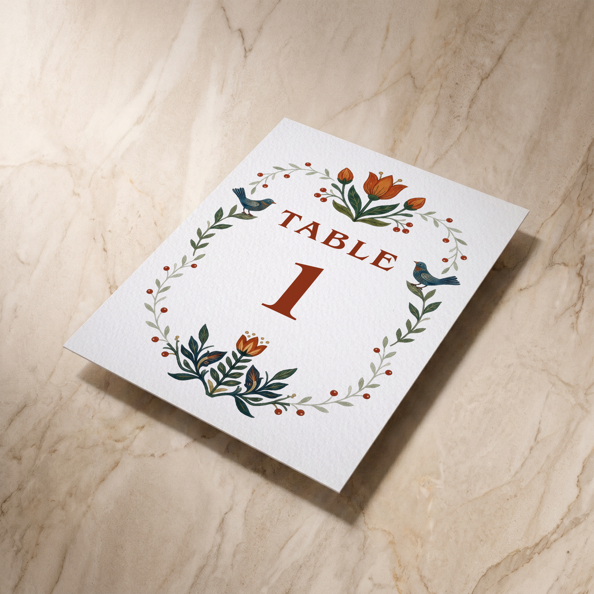 Botanical Folk table number card, shown at an angle, designed and printed in Suffolk