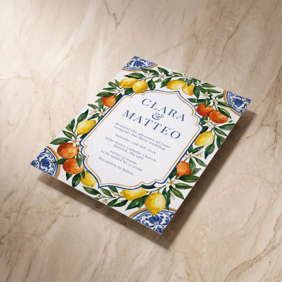 Amalfi wedding invitation, shown at an angle, designed and printed in Suffolk