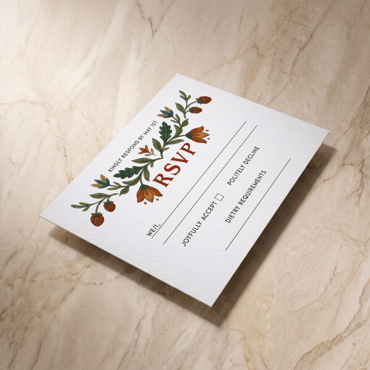 Botanical Folk RSVP card, shown at an angle, designed and printed in Suffolk
