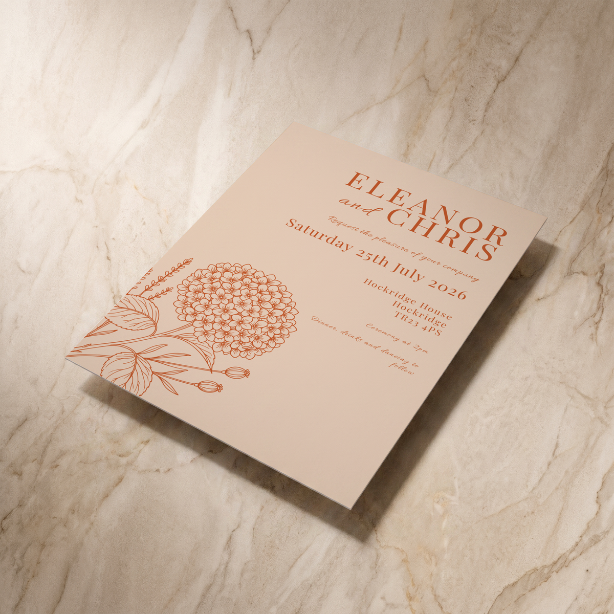Hydrangea wedding invitation, shown at an angle, designed and printed in Suffolk