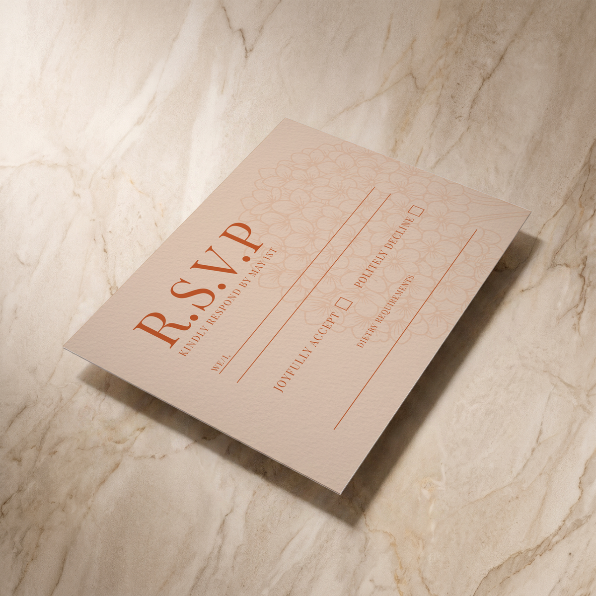 Hydrangea RSVP card, shown at an angle, designed and printed in Suffolk