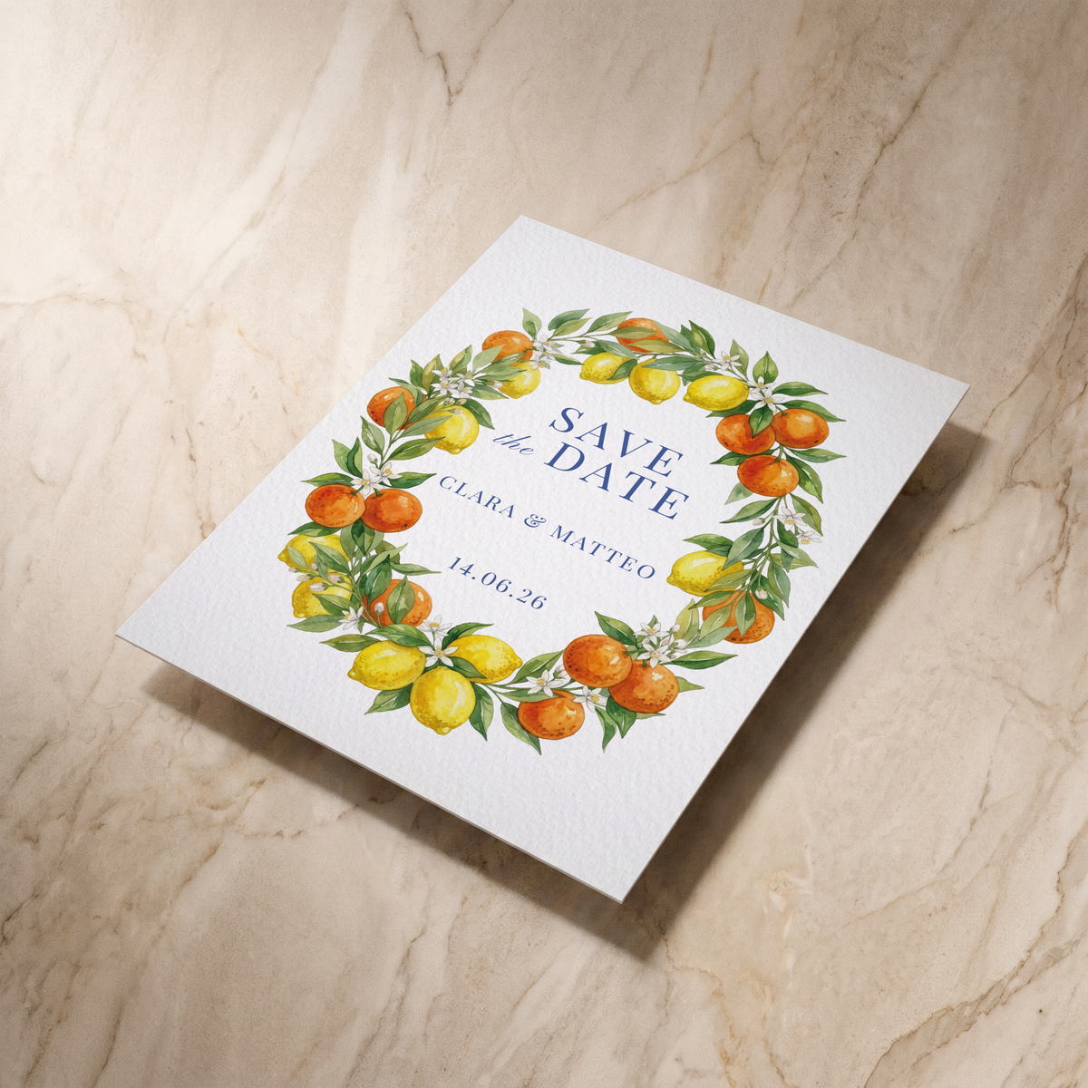 Amalfi save the date card, shown at an angle, designed and printed in Suffolk