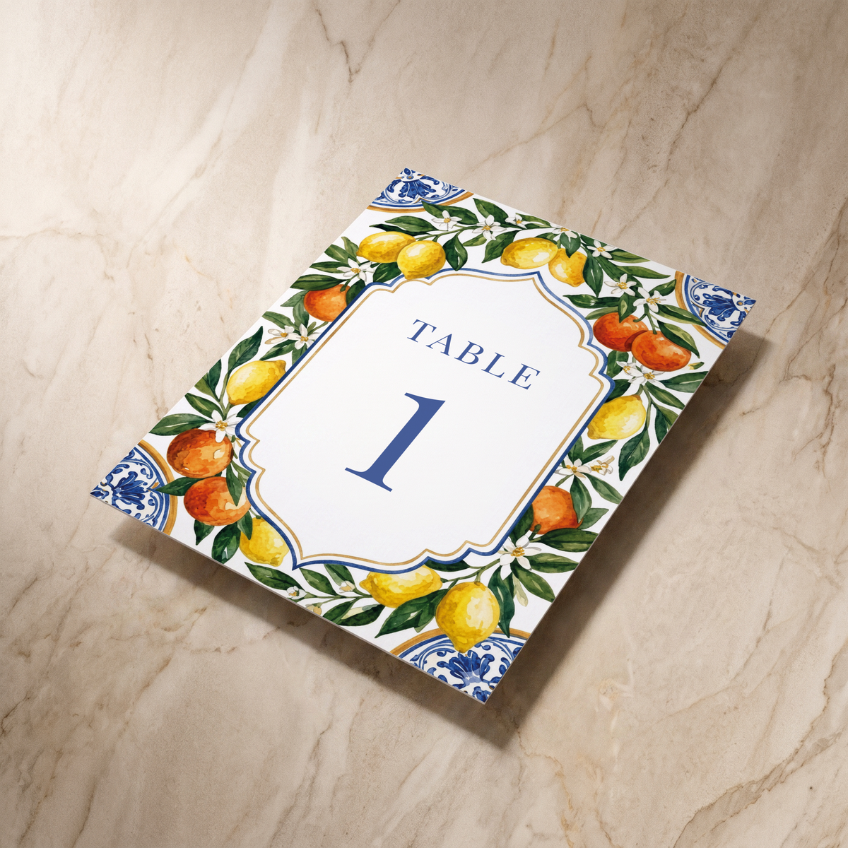 Amalfi table number card, shown at an angle, designed and printed in Suffolk