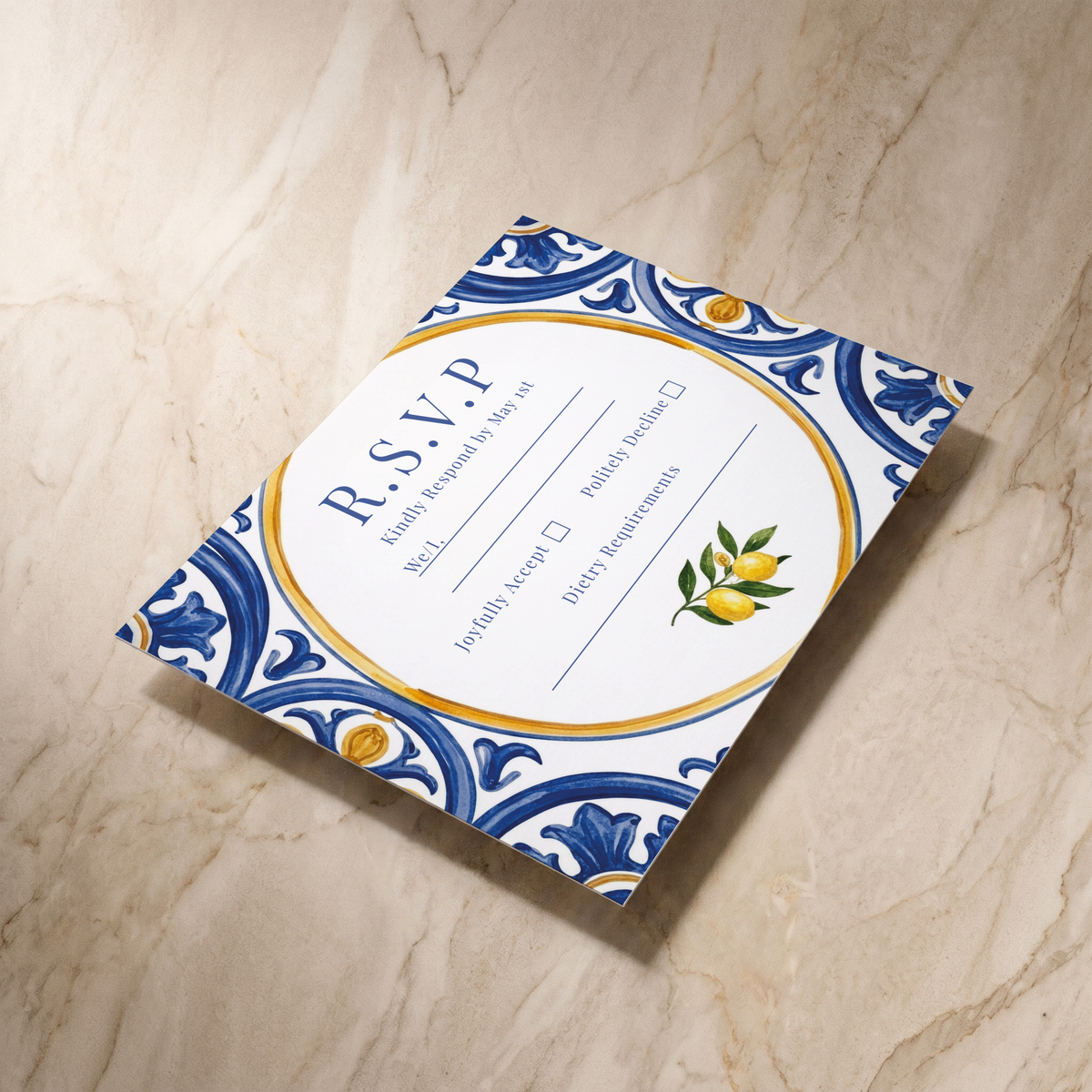 Amalfi RSVP card, shown at an angle, designed and printed in Suffolk