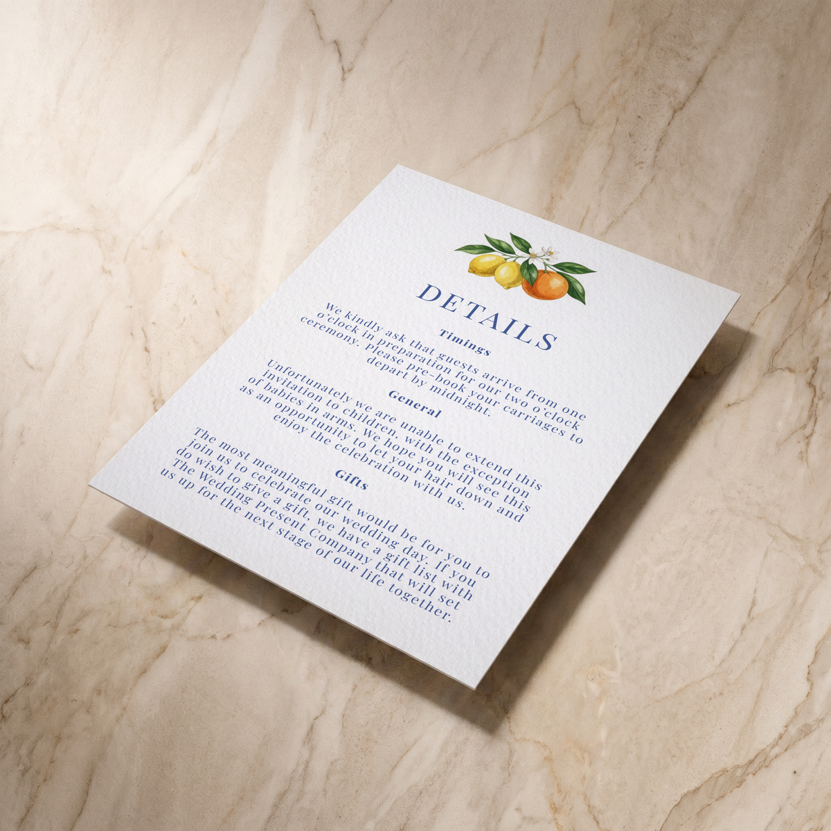Amalfi wedding details card, shown at an angle, designed and printed in Suffolk