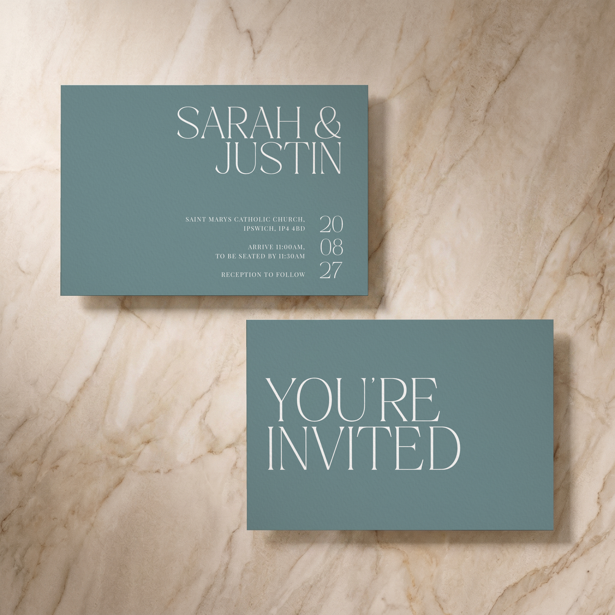 Typeface wedding invitation in powder blue, front and reverse, designed and printed in Suffolk