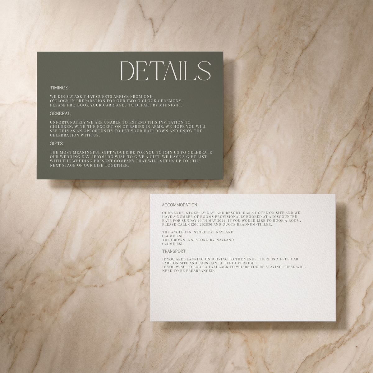 Typeface wedding details card in forest green, design detail, designed and printed in Suffolk