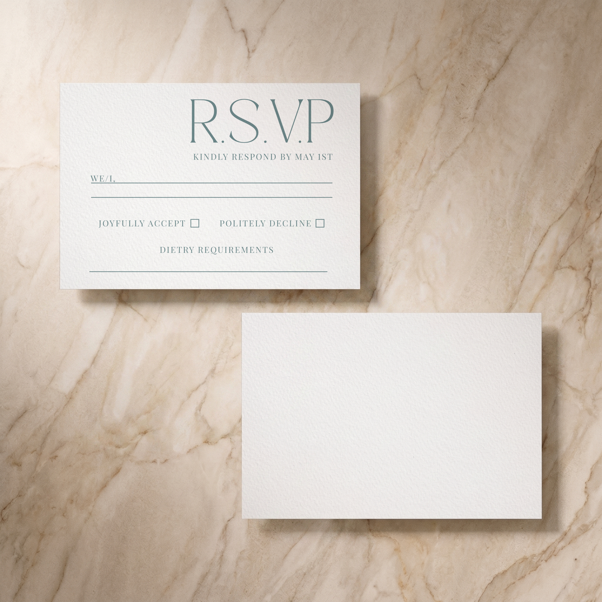 Typeface RSVP card in powder blue, front and reverse, designed and printed in Suffolk