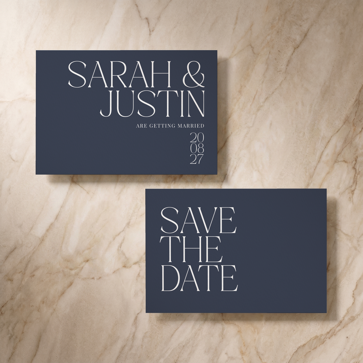 Typeface save the date card in navy, front and reverse, designed and printed in Suffolk
