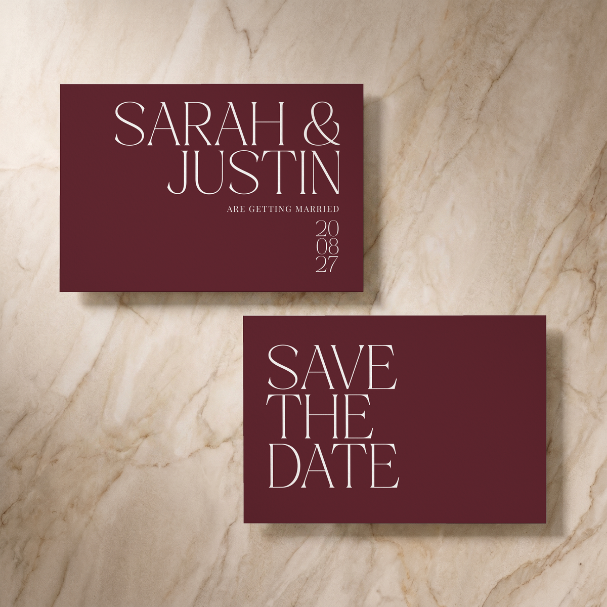 Typeface save the date card in maroon, front and reverse, designed and printed in Suffolk