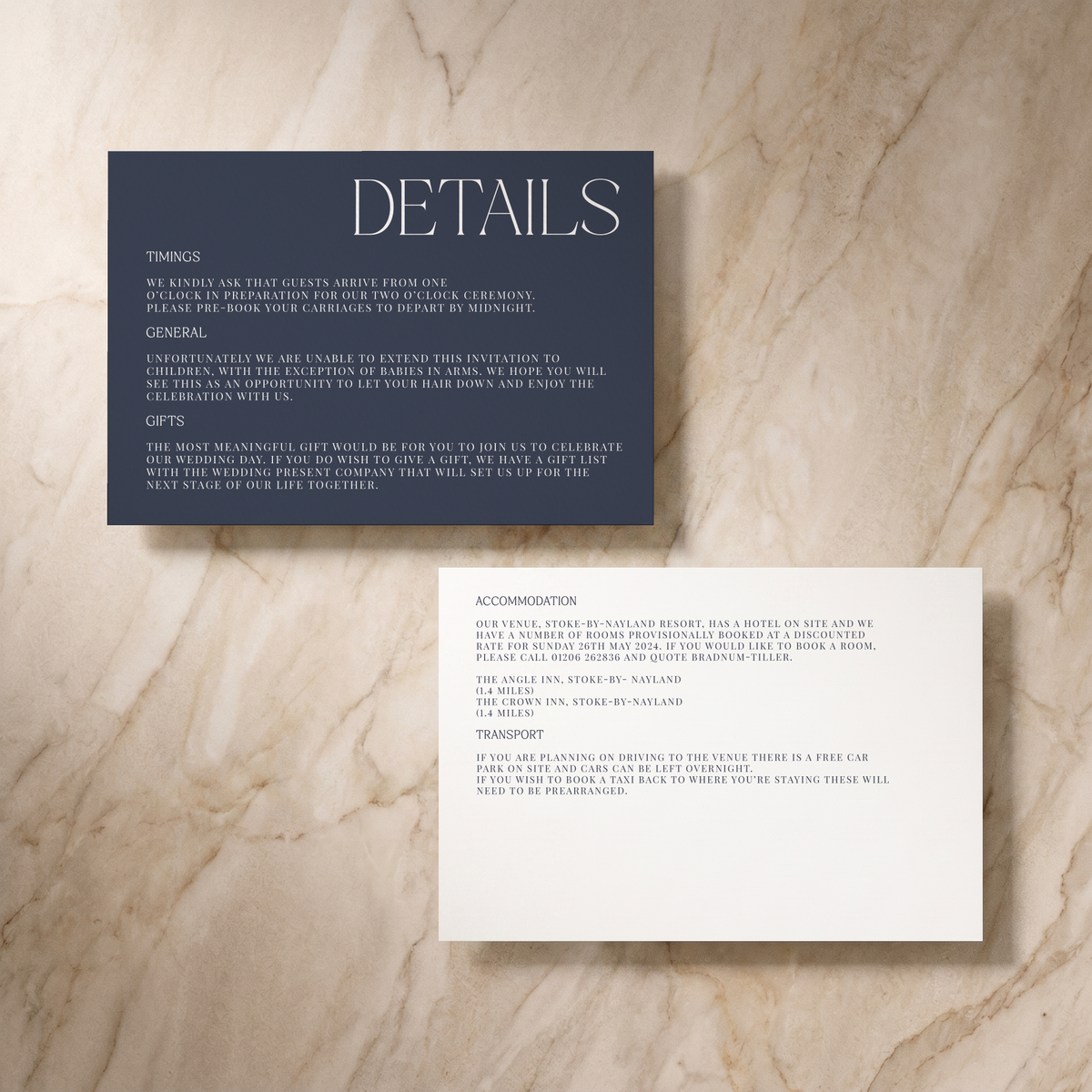 Typeface wedding details card in navy, design detail, designed and printed in Suffolk
