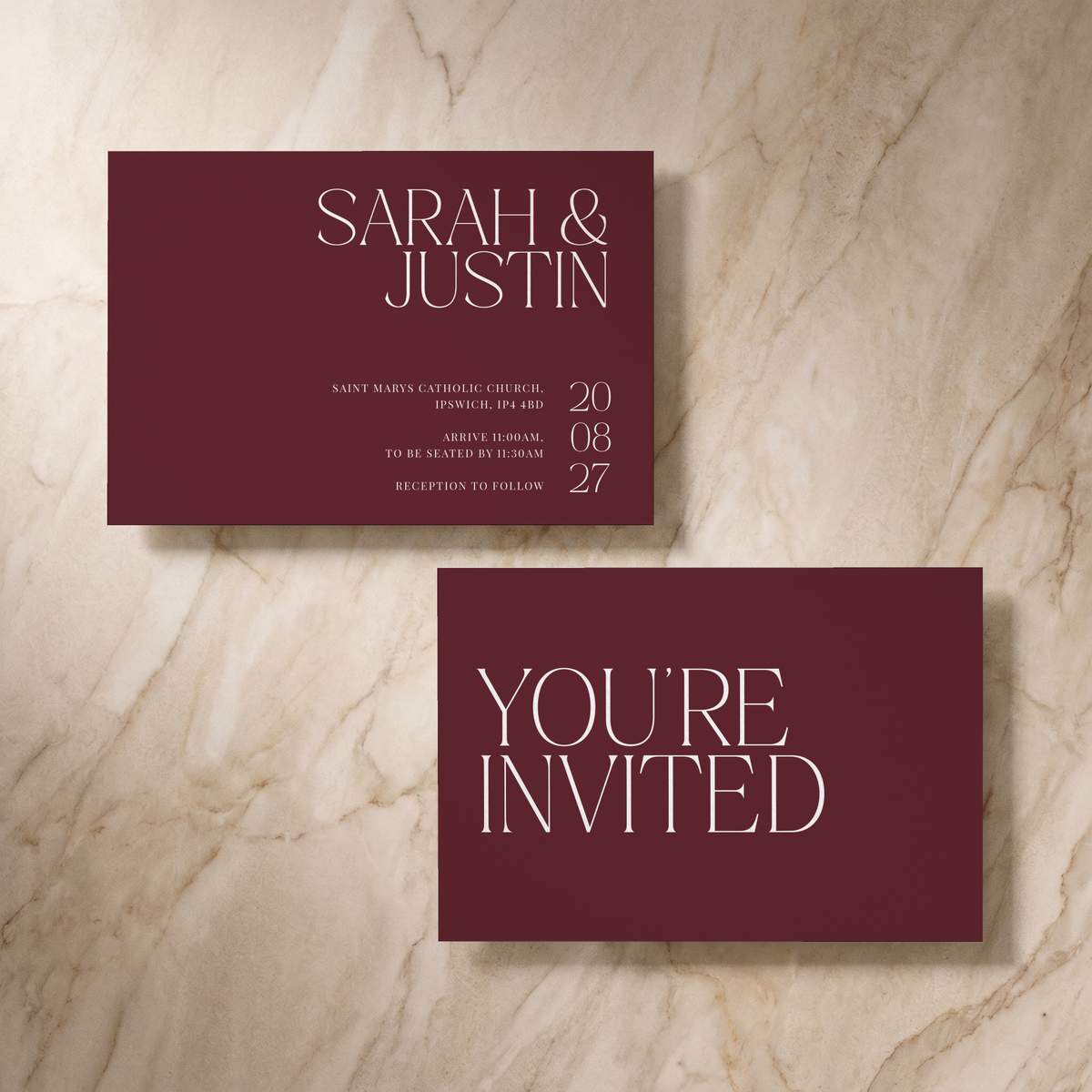 Typeface wedding invitation in maroon, front and reverse, designed and printed in Suffolk