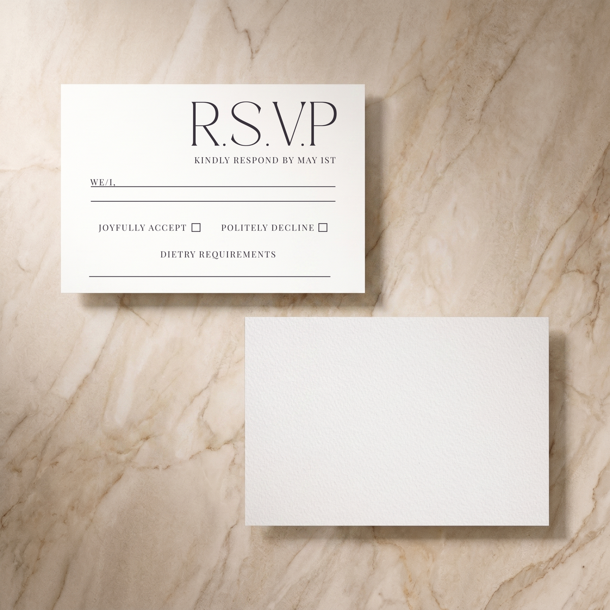 Typeface RSVP card in navy, front and reverse, designed and printed in Suffolk