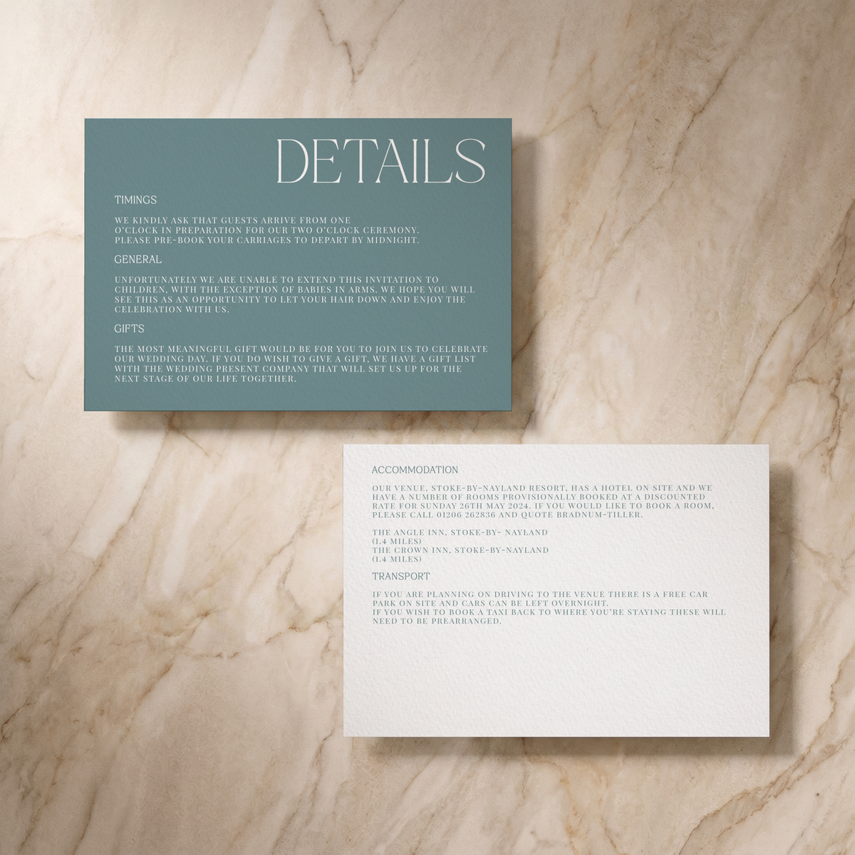 Typeface wedding details card in powder blue, design detail, designed and printed in Suffolk