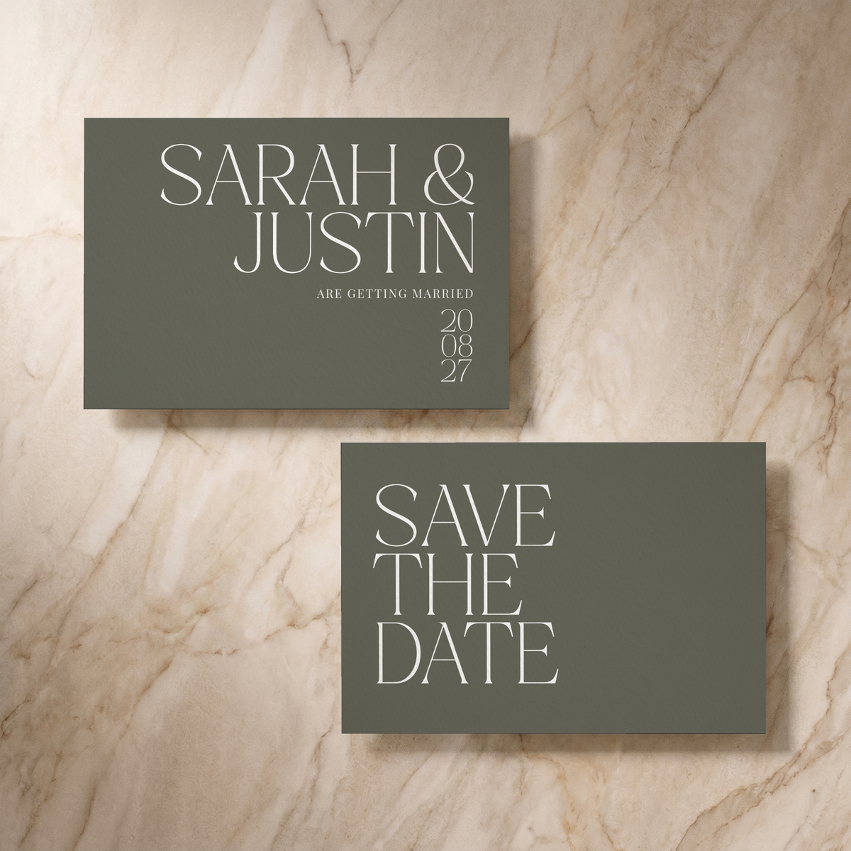 Typeface save the date card in forest green, front and reverse, designed and printed in Suffolk