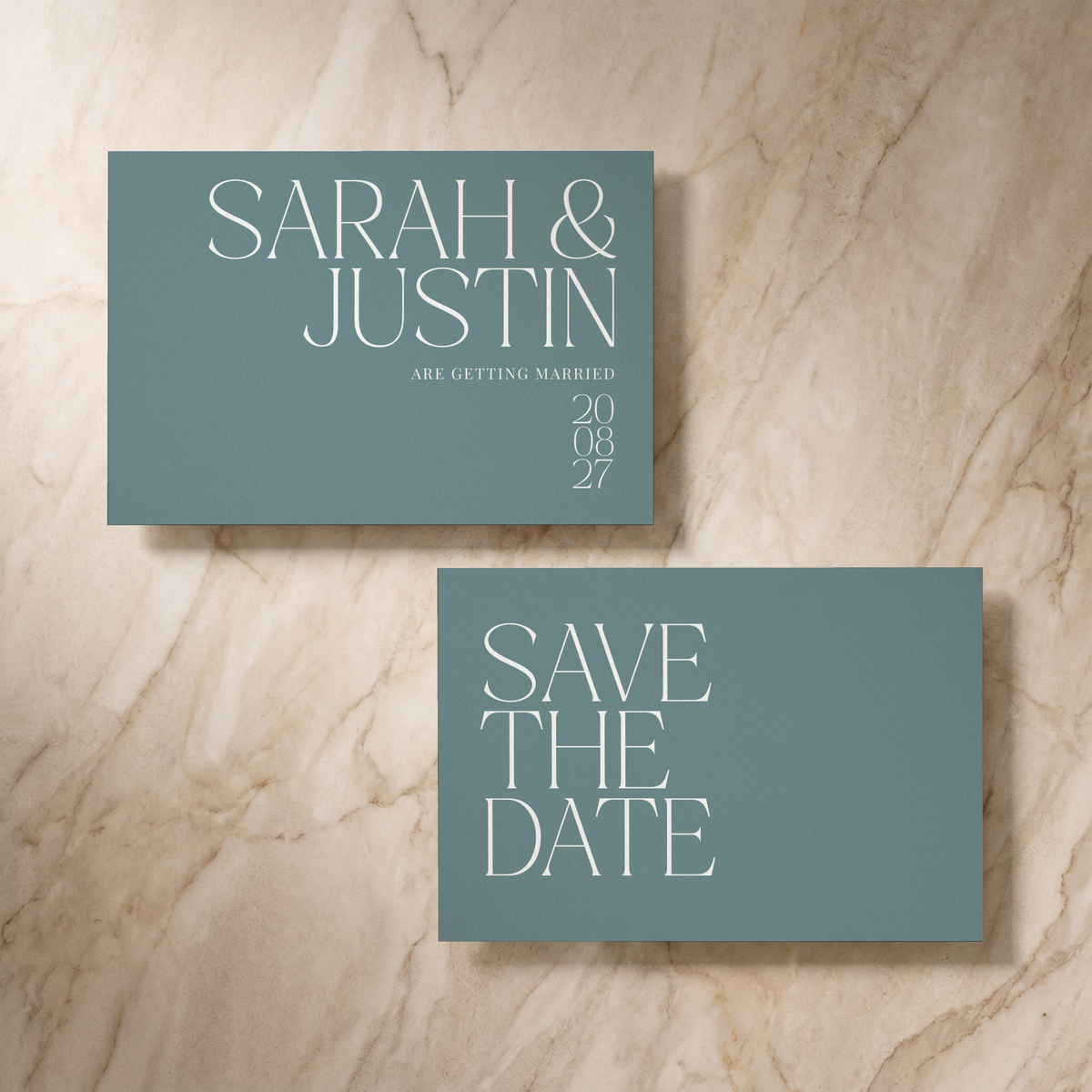 Typeface save the date card in powder blue, front and reverse, designed and printed in Suffolk