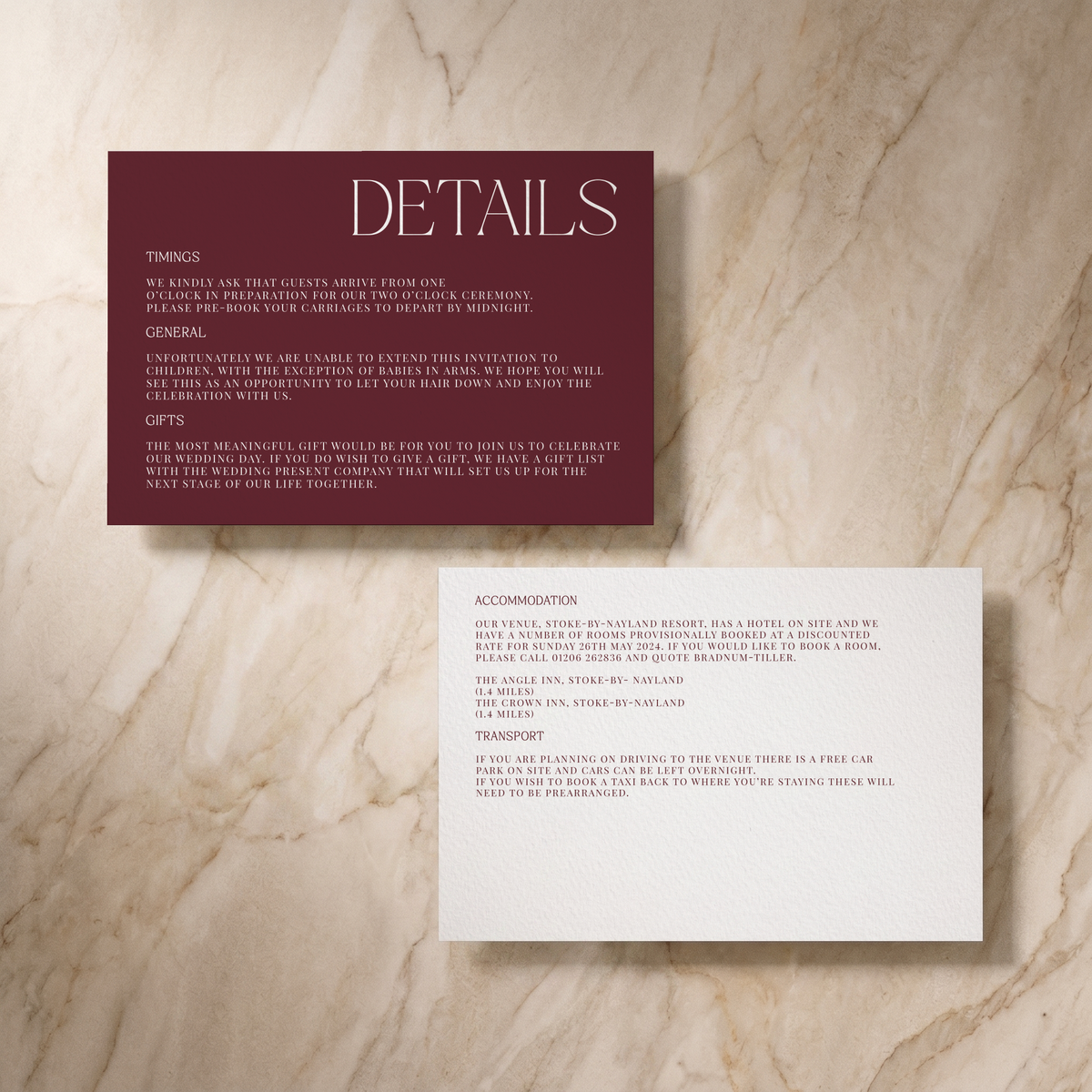 Typeface wedding details card in maroon, design detail, designed and printed in Suffolk