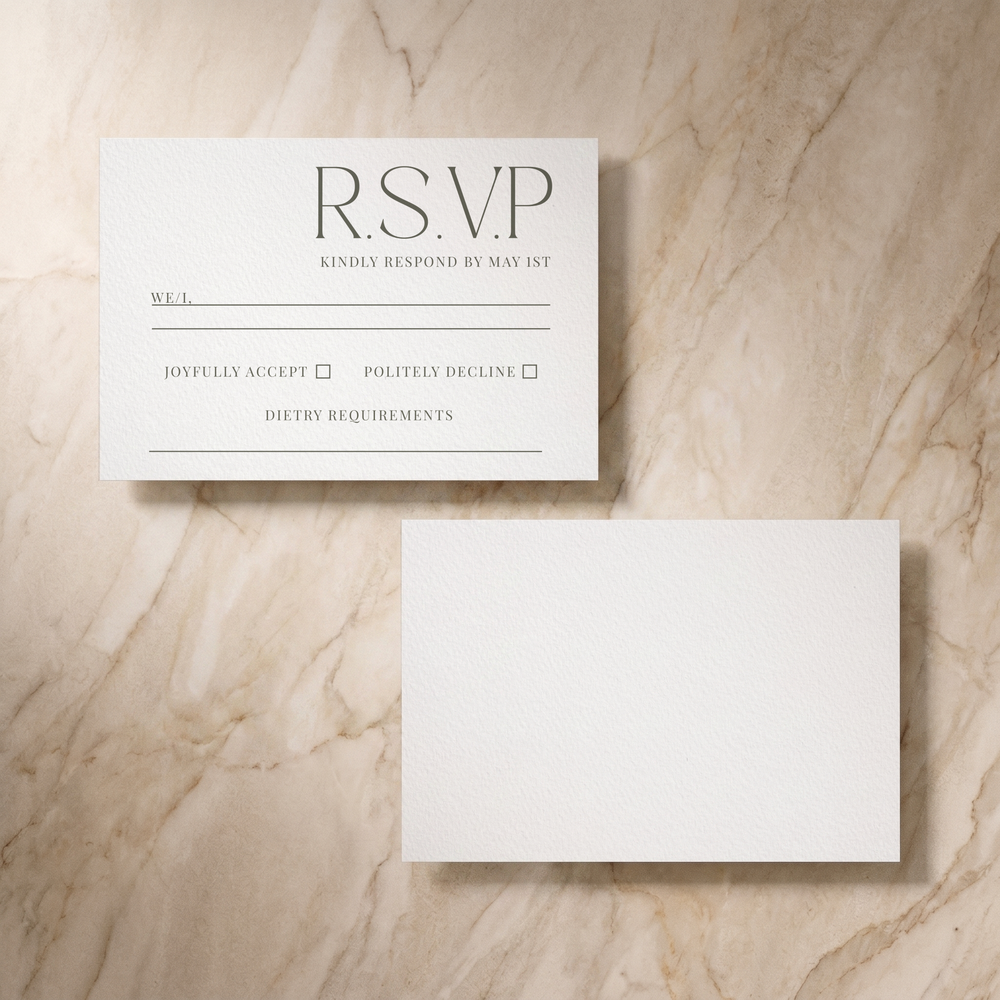 Typeface RSVP card in forest green, front and reverse, designed and printed in Suffolk