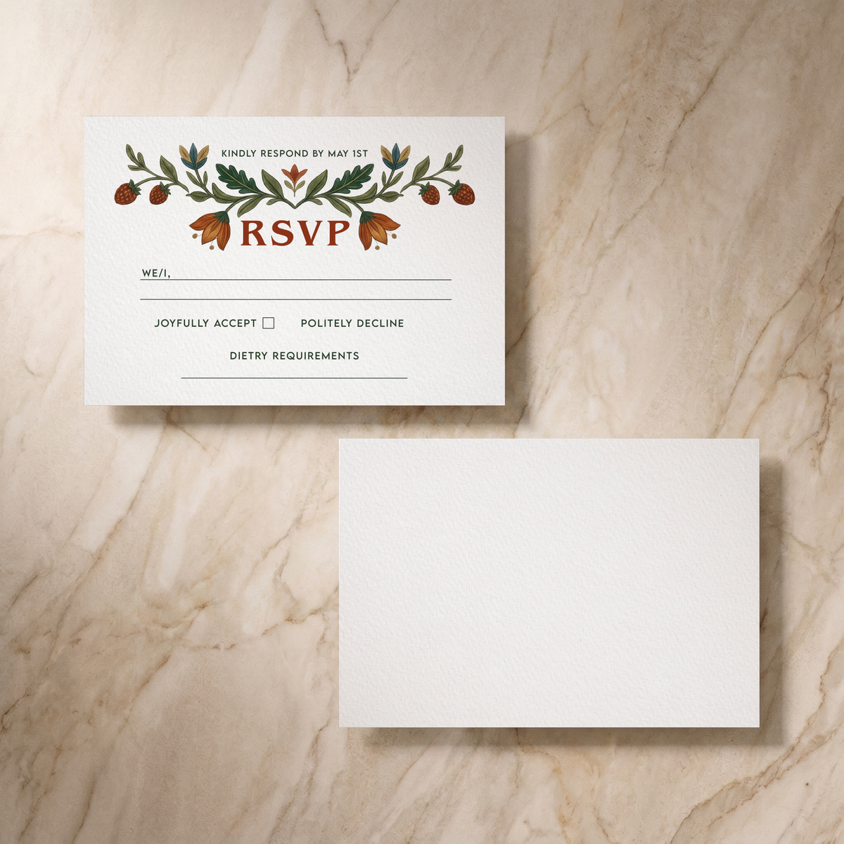 Botanical Folk RSVP card, front and reverse, designed and printed in Suffolk