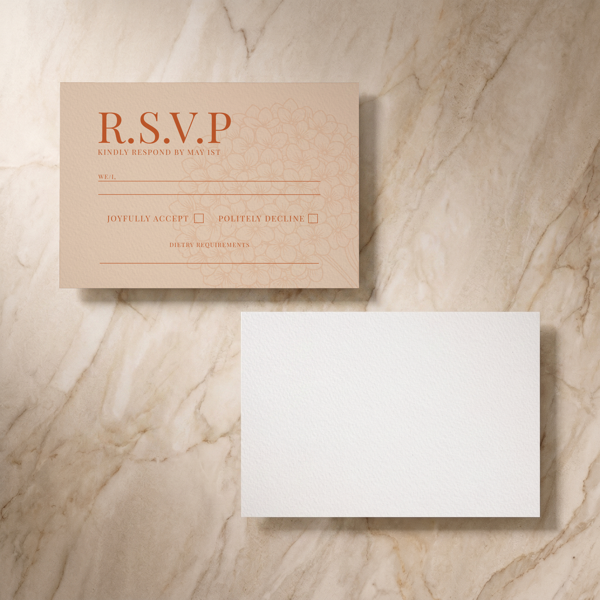 Hydrangea RSVP card, front and reverse, designed and printed in Suffolk