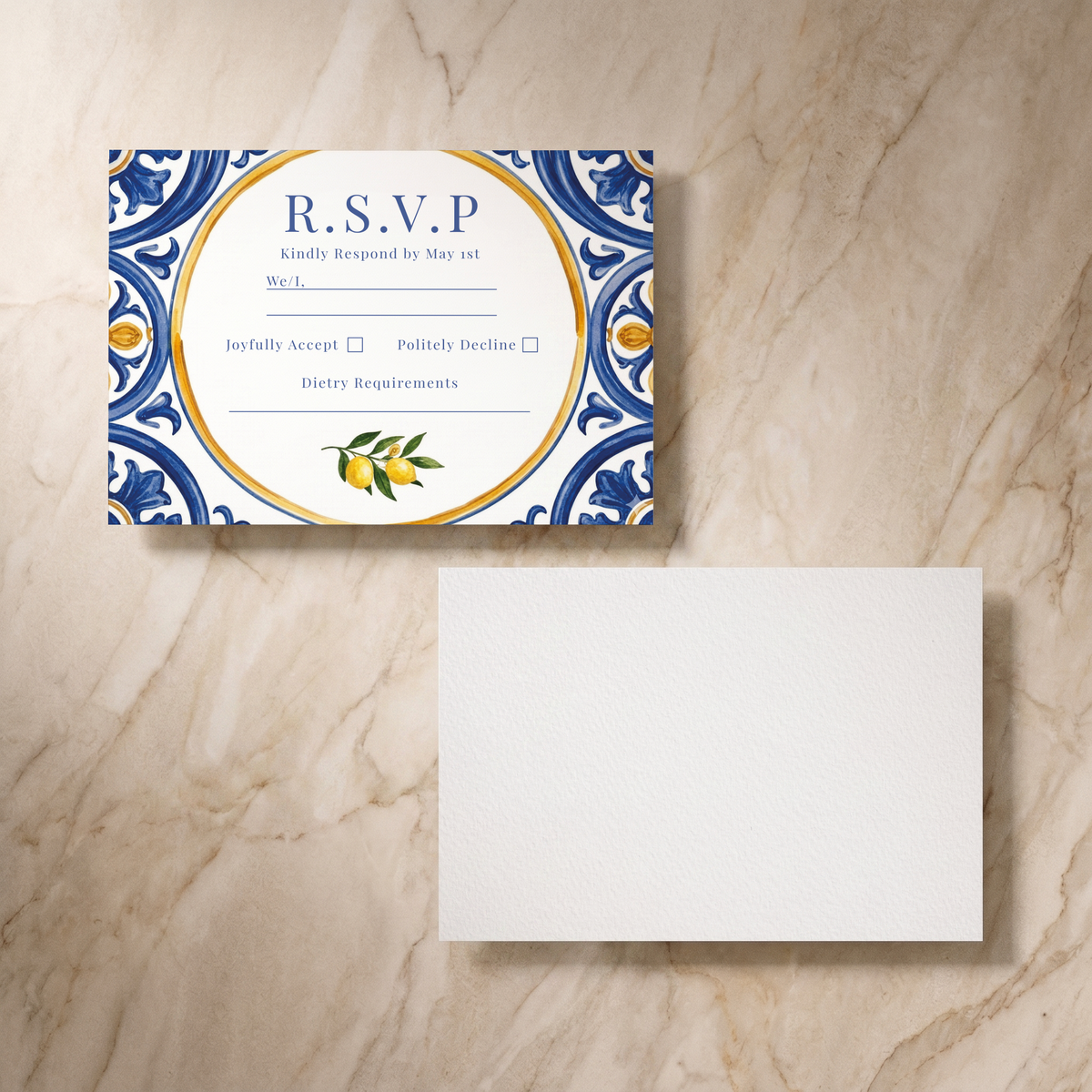 Amalfi RSVP card, front and reverse, designed and printed in Suffolk