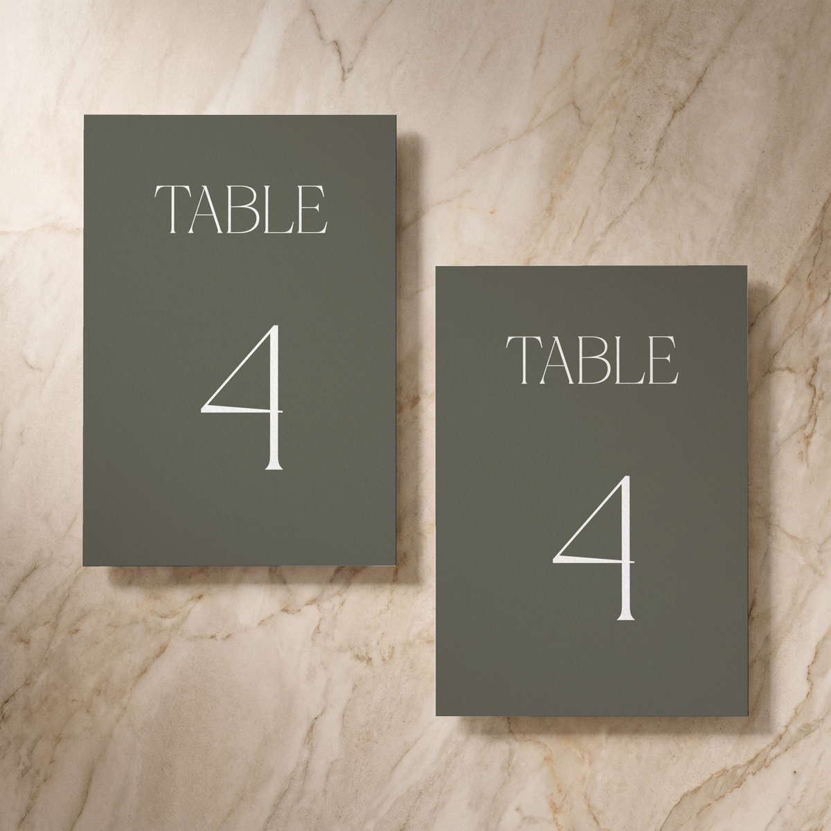 Typeface table number card in forest green, front and reverse, designed and printed in Suffolk
