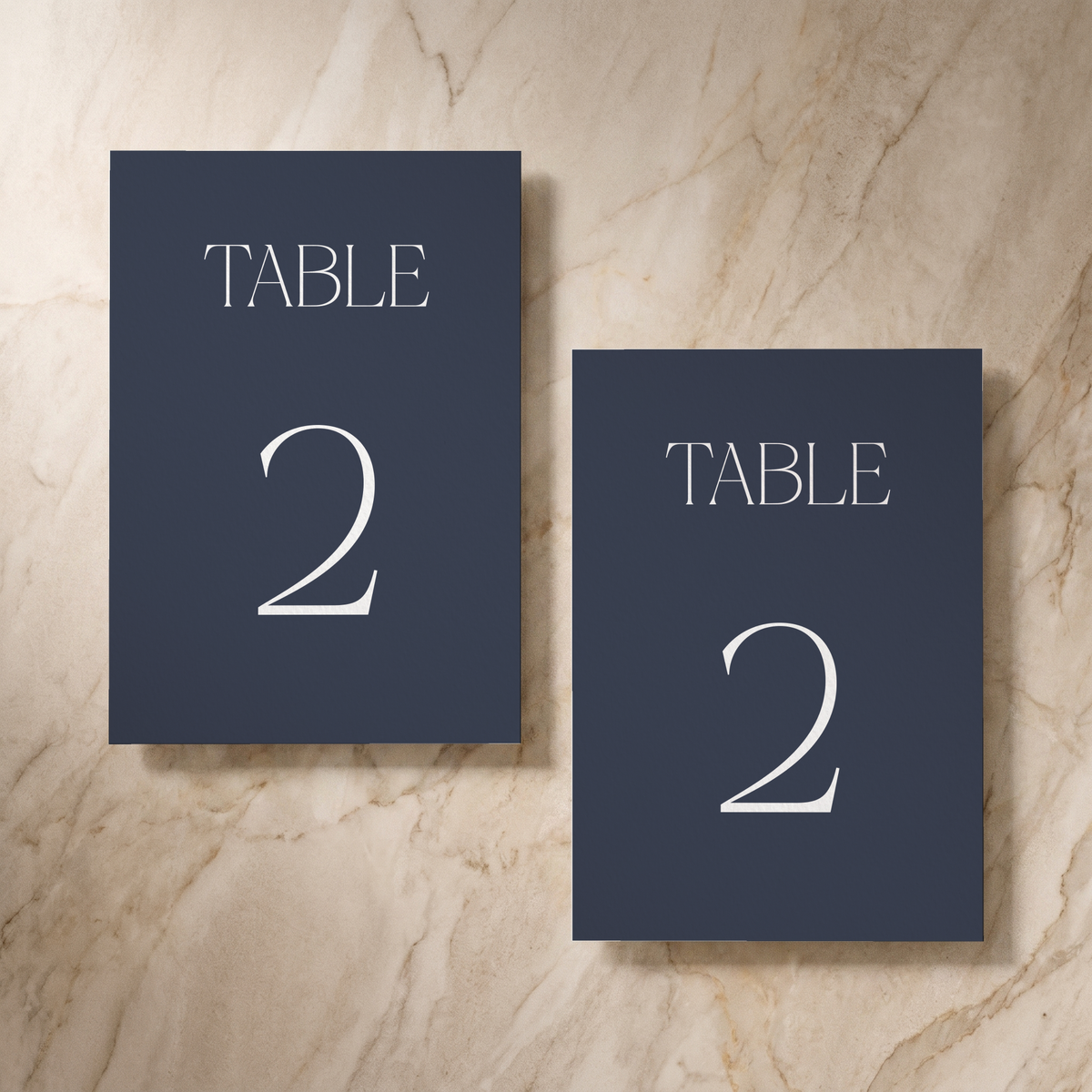 Typeface table number card in navy, front and reverse, designed and printed in Suffolk