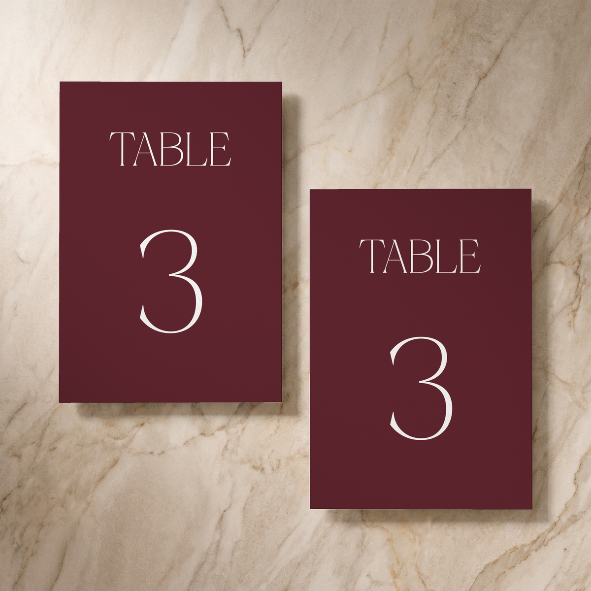 Typeface table number card in maroon, front and reverse, designed and printed in Suffolk