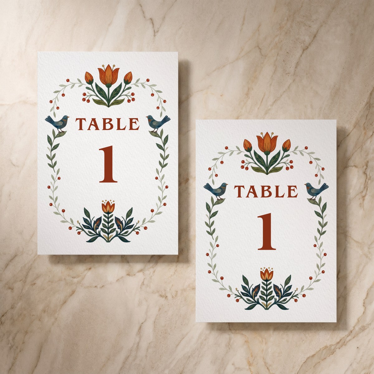 Botanical Folk table number card, front and reverse, designed and printed in Suffolk