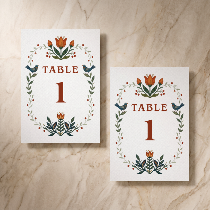 Botanical Folk table number card, front and reverse, designed and printed in Suffolk