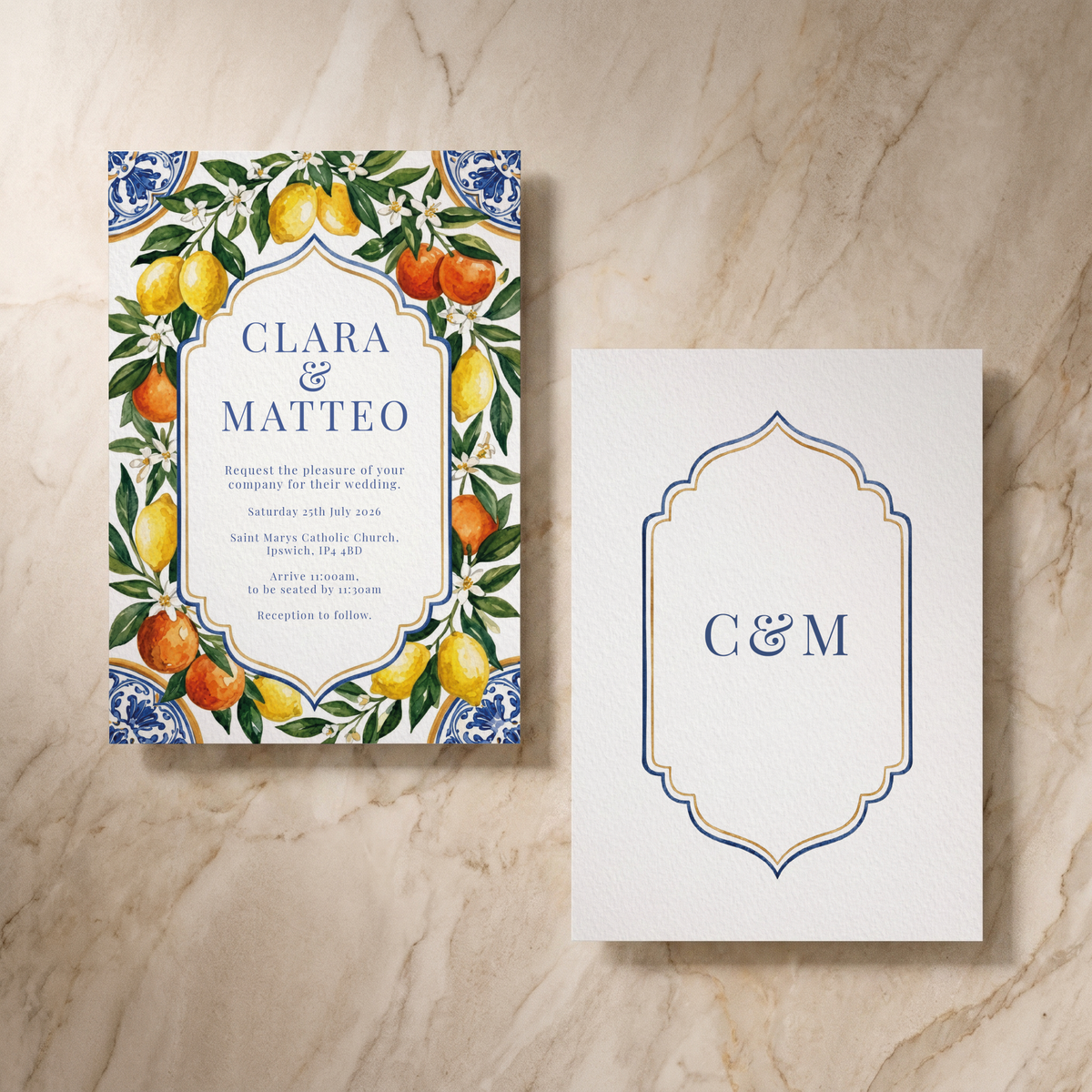 Amalfi wedding invitation, front and reverse, designed and printed in Suffolk