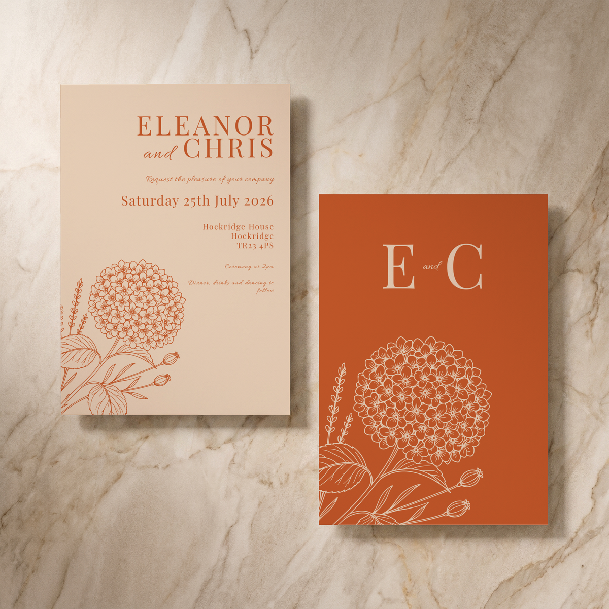 Hydrangea wedding invitation, front and reverse, designed and printed in Suffolk