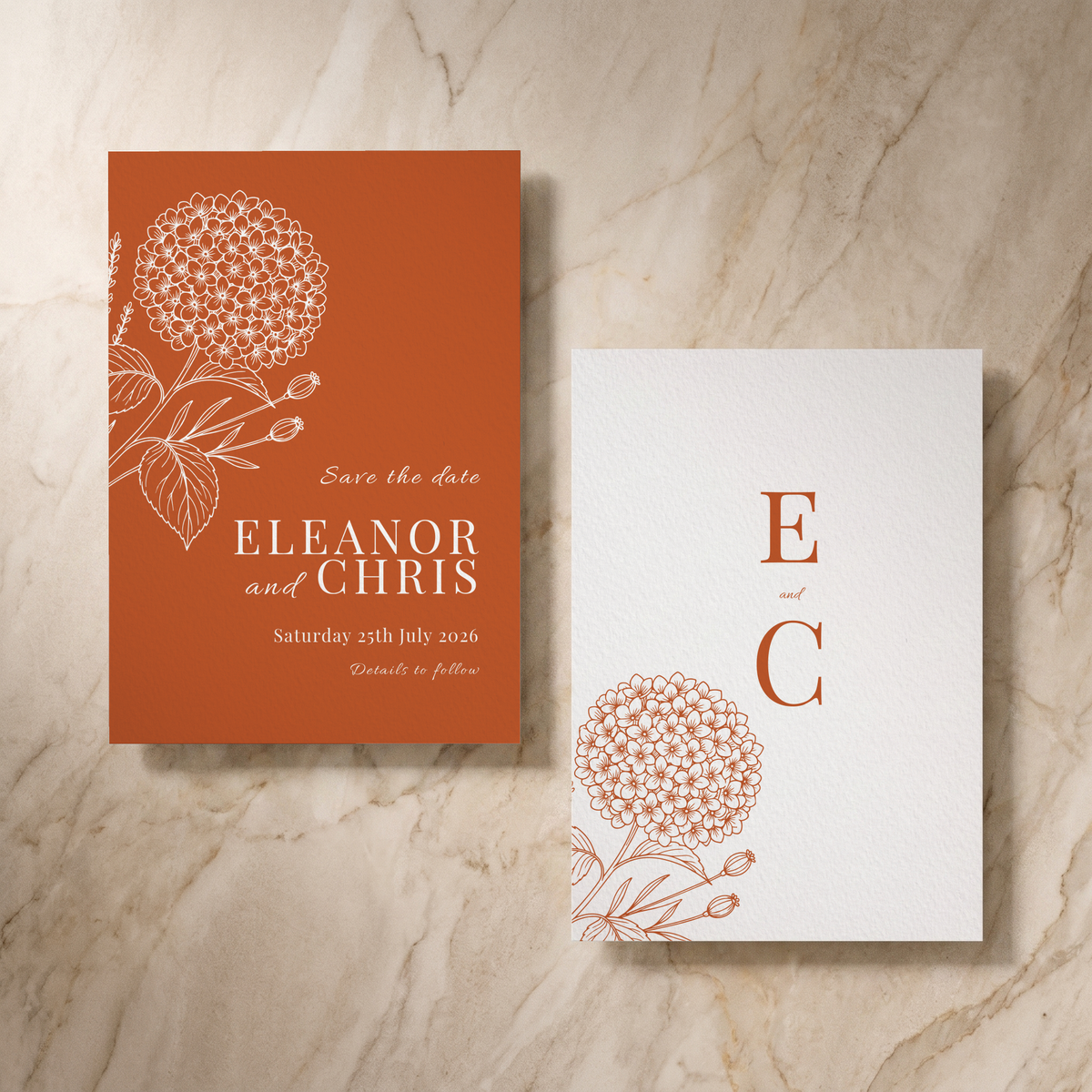 Hydrangea save the date card, front and reverse, designed and printed in Suffolk