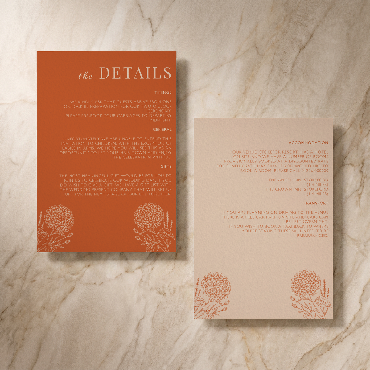 Hydrangea wedding details card, front and reverse, designed and printed in Suffolk