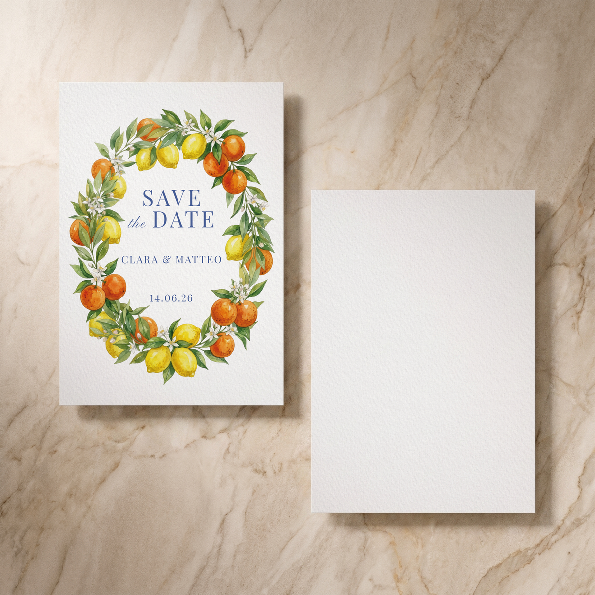 Amalfi save the date card, front and reverse, designed and printed in Suffolk