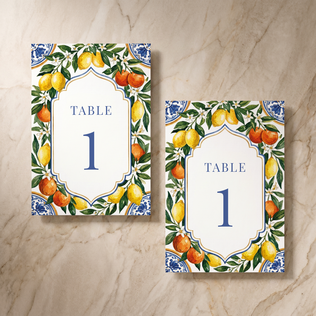 Amalfi table number card, front and reverse, designed and printed in Suffolk