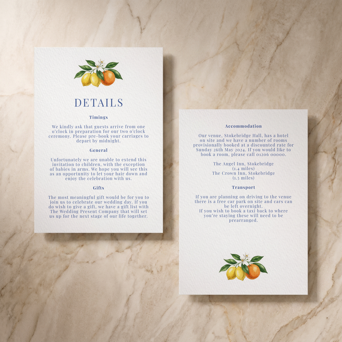 Amalfi wedding details card, front and reverse, designed and printed in Suffolk