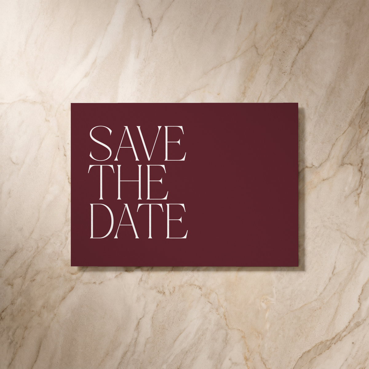 Typeface save the date card in maroon, reverse design, designed and printed in Suffolk