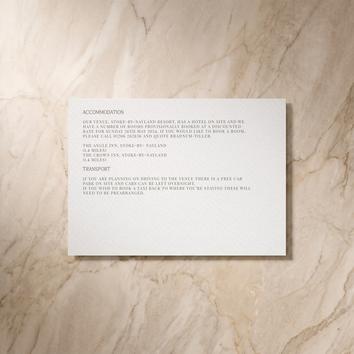Typeface wedding details card in forest green, reverse design, designed and printed in Suffolk