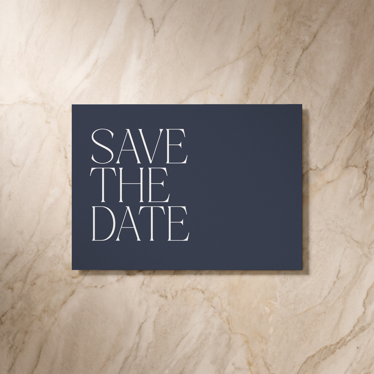 Typeface save the date card in navy, reverse design, designed and printed in Suffolk