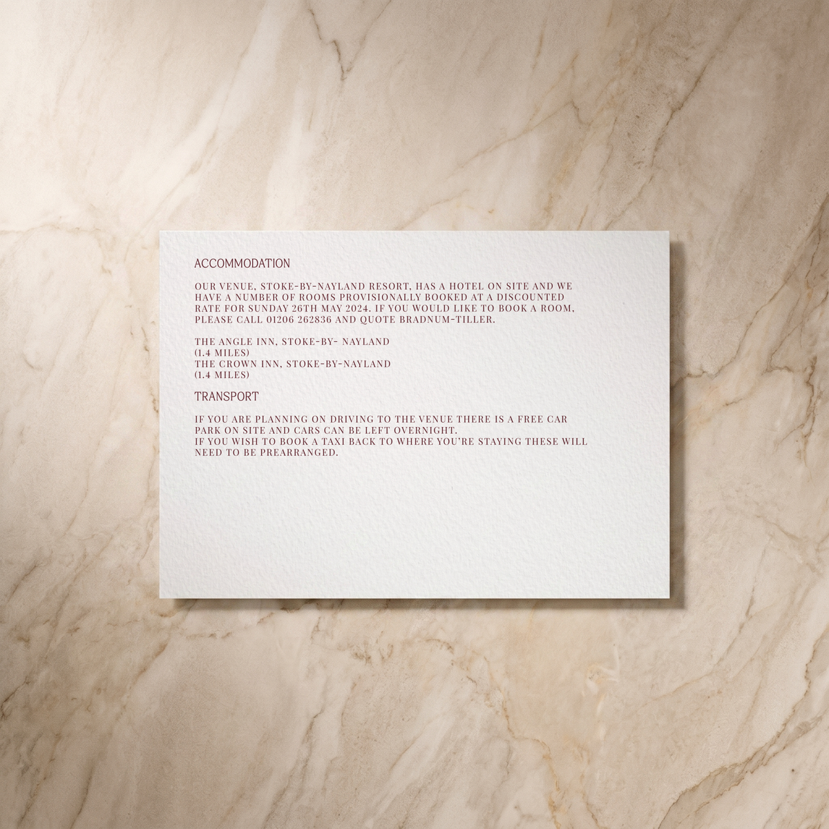 Typeface wedding details card in maroon, reverse design, designed and printed in Suffolk