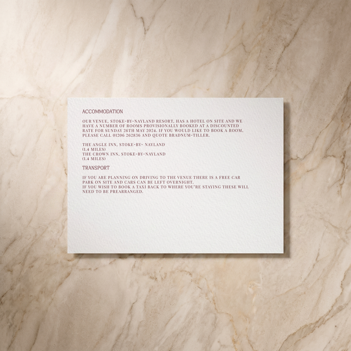 Typeface wedding details card in maroon, reverse design, designed and printed in Suffolk