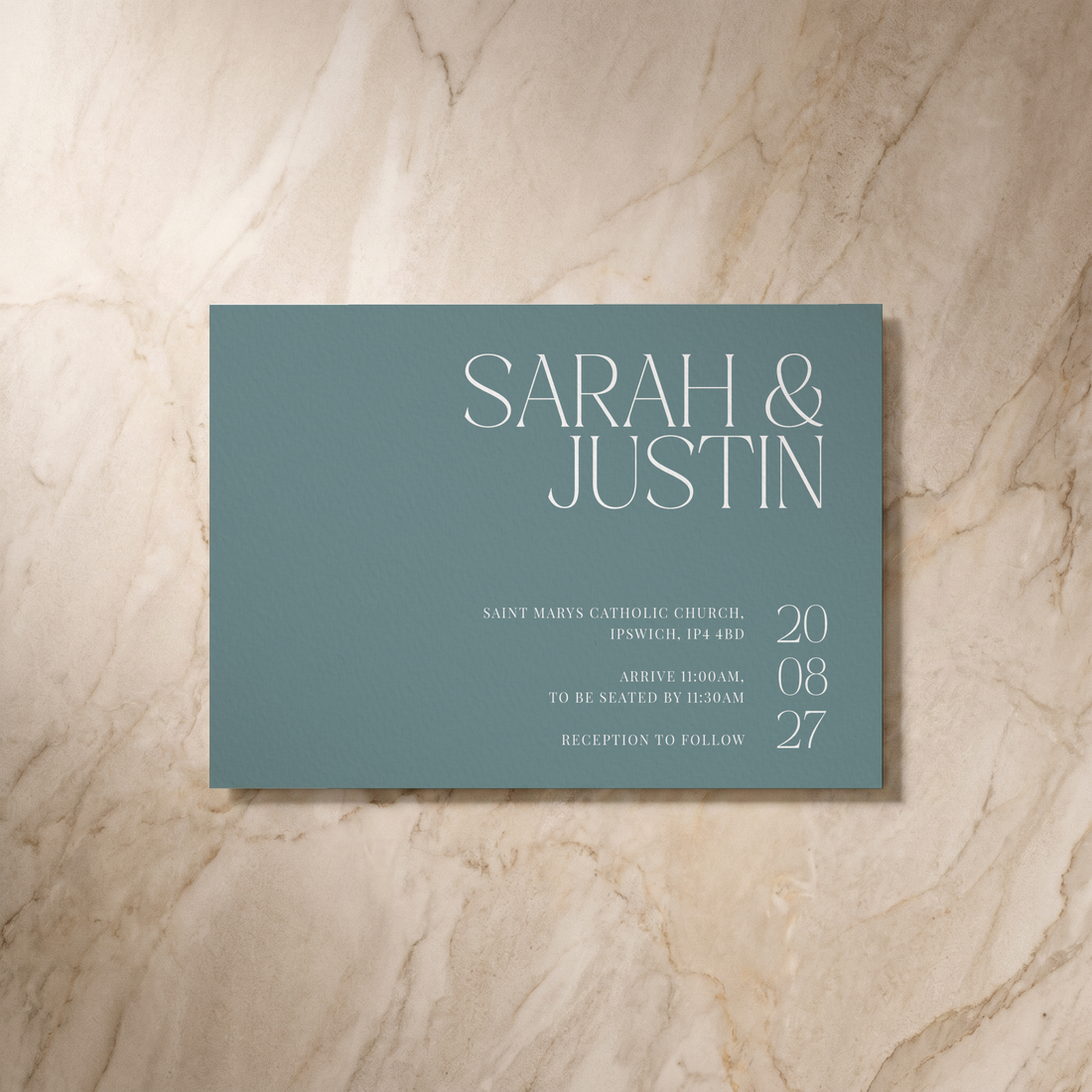 Typeface wedding invitation in powder blue, front design, designed and printed in Suffolk