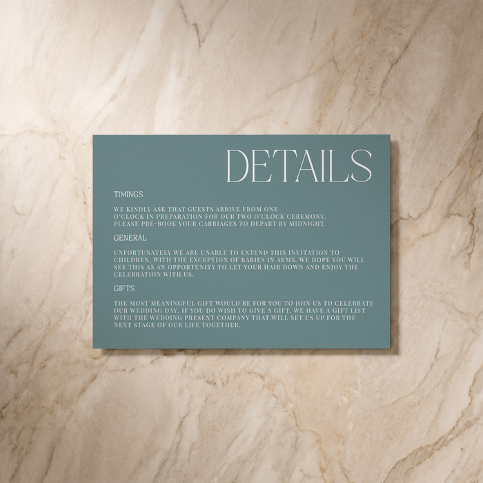 Typeface wedding details card in powder blue, front design, designed and printed in Suffolk
