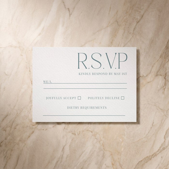 Typeface RSVP card in powder blue, front design, designed and printed in Suffolk