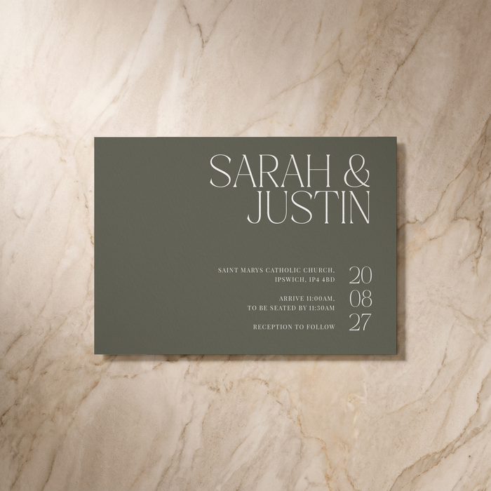 Typeface wedding invitation in forest green, front design, designed and printed in Suffolk